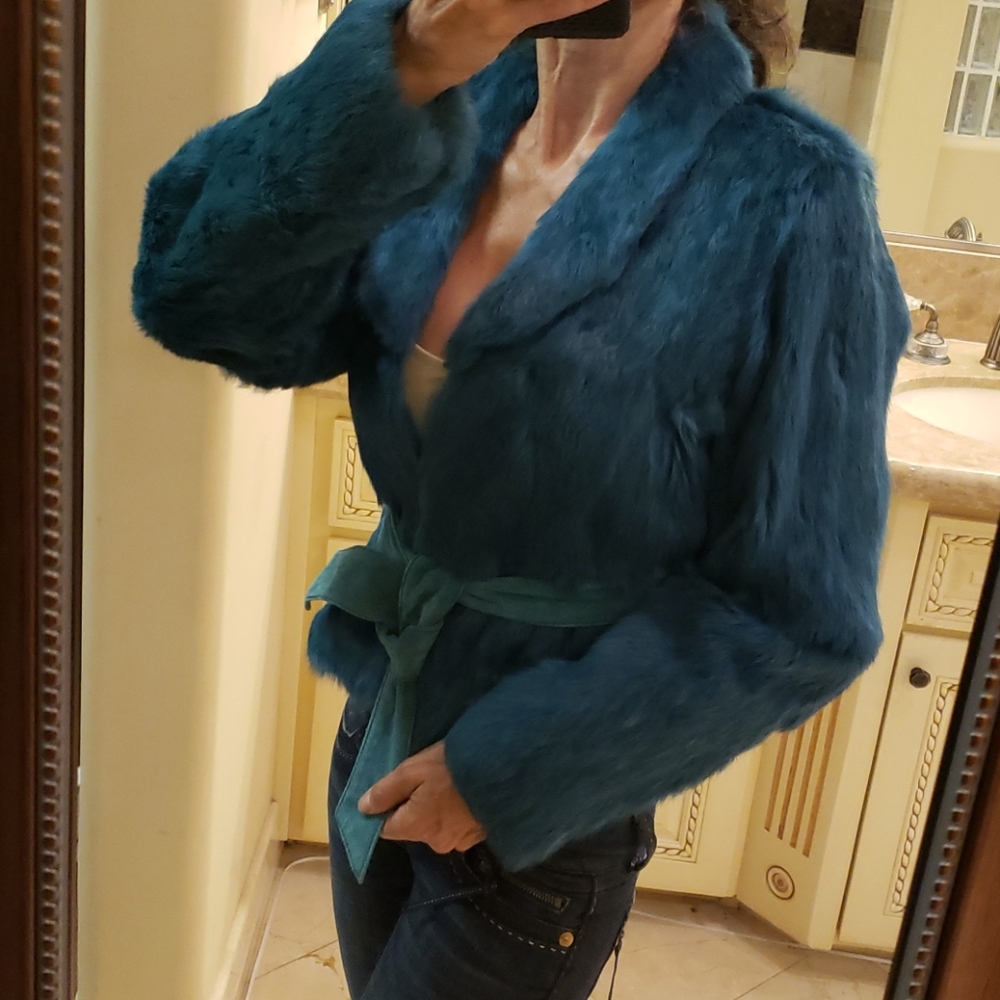 SHINE NEW YORK 100% rabbit fur teal jacket, M